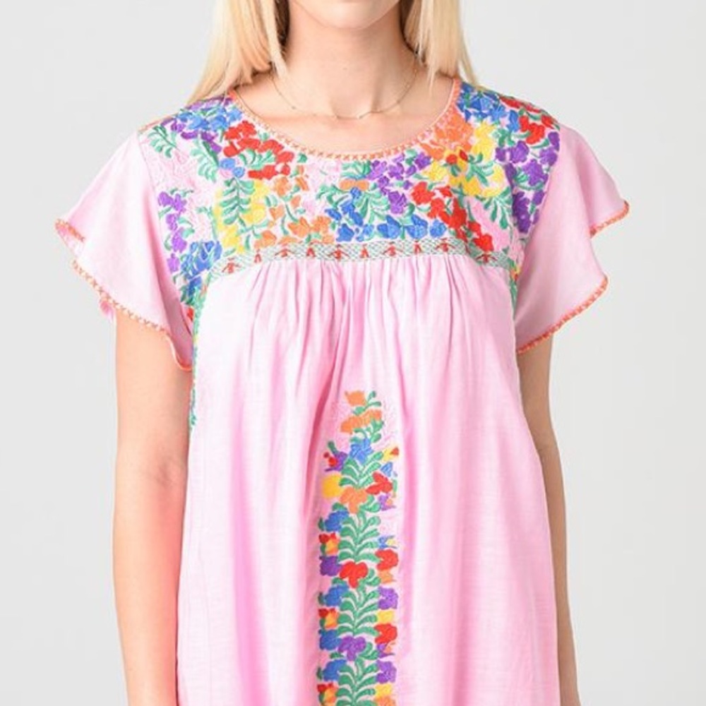 J. Marie pink embroidered flutter sleeve Linen Blend top Sz S